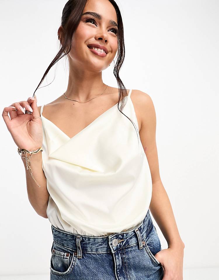 In The Style x Jac Jossa satin cowl neck bodysuit in cream